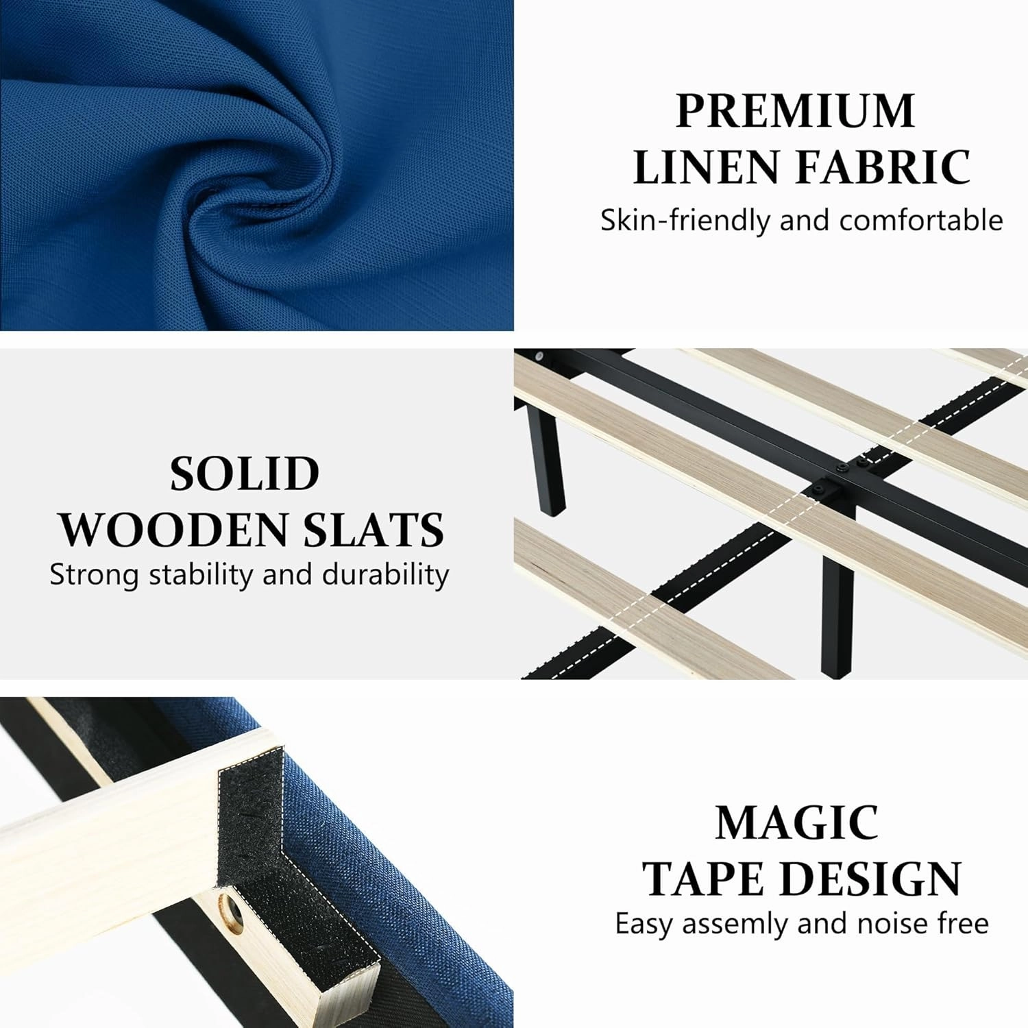 Twin Bed Frames with Button Tufted Headboard, Linen Upholstered Platform Bed with Wooden Slats Support, Easy Assembly, No Box Spring Required, Navy Blue
