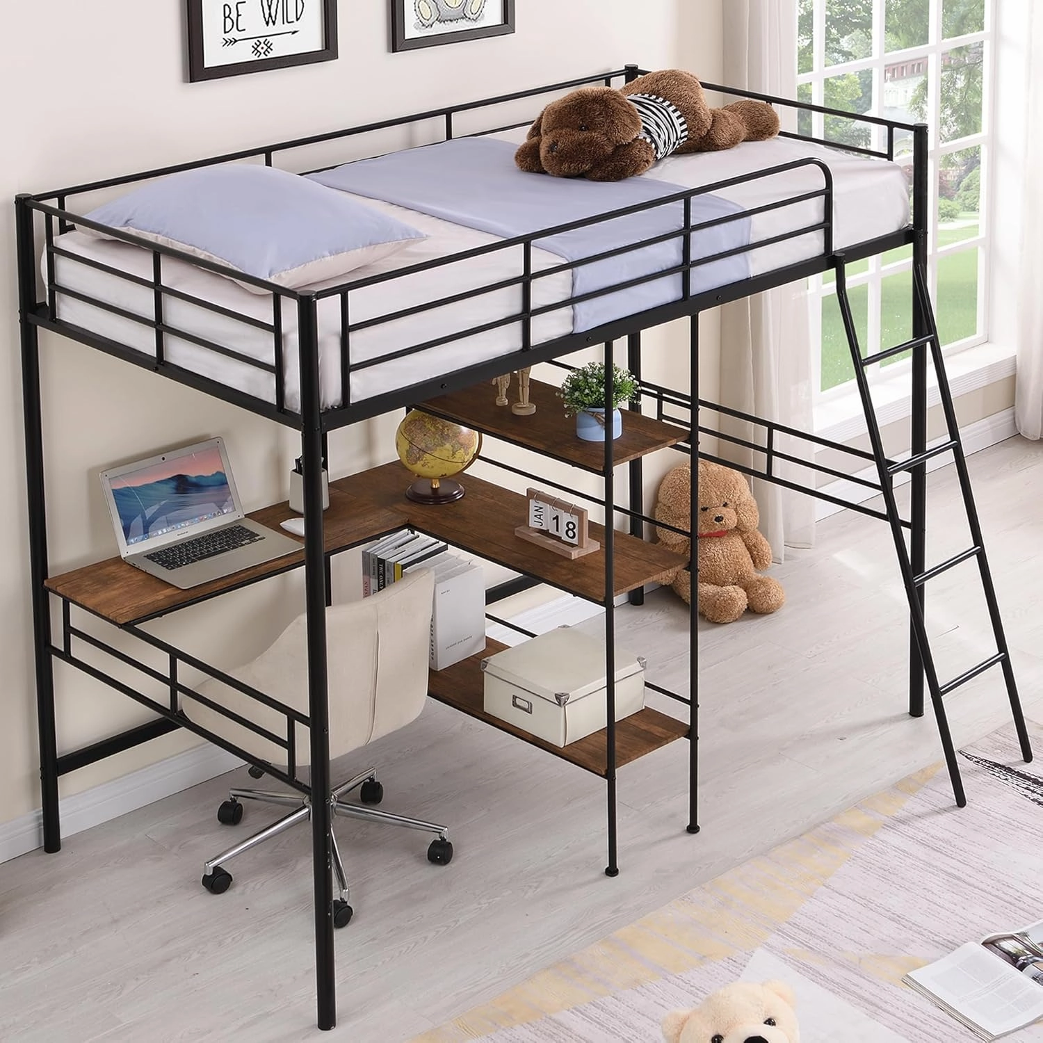 Twin Loft Bed with Desk and Storage Shelf, Heavy Duty Loft Bed Twin Size, Twin Loft Bed with Guardrails and Ladder, Twin Size Loft Bed for Boys, Girls, Black Loft Bed Twin Size