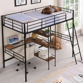 Twin Loft Bed with Desk and Storage Shelf, Heavy Duty Loft Bed Twin Size, Twin Loft Bed with Guardrails and Ladder, Twin Size Loft Bed for Boys, Girls, Black Loft Bed Twin Size