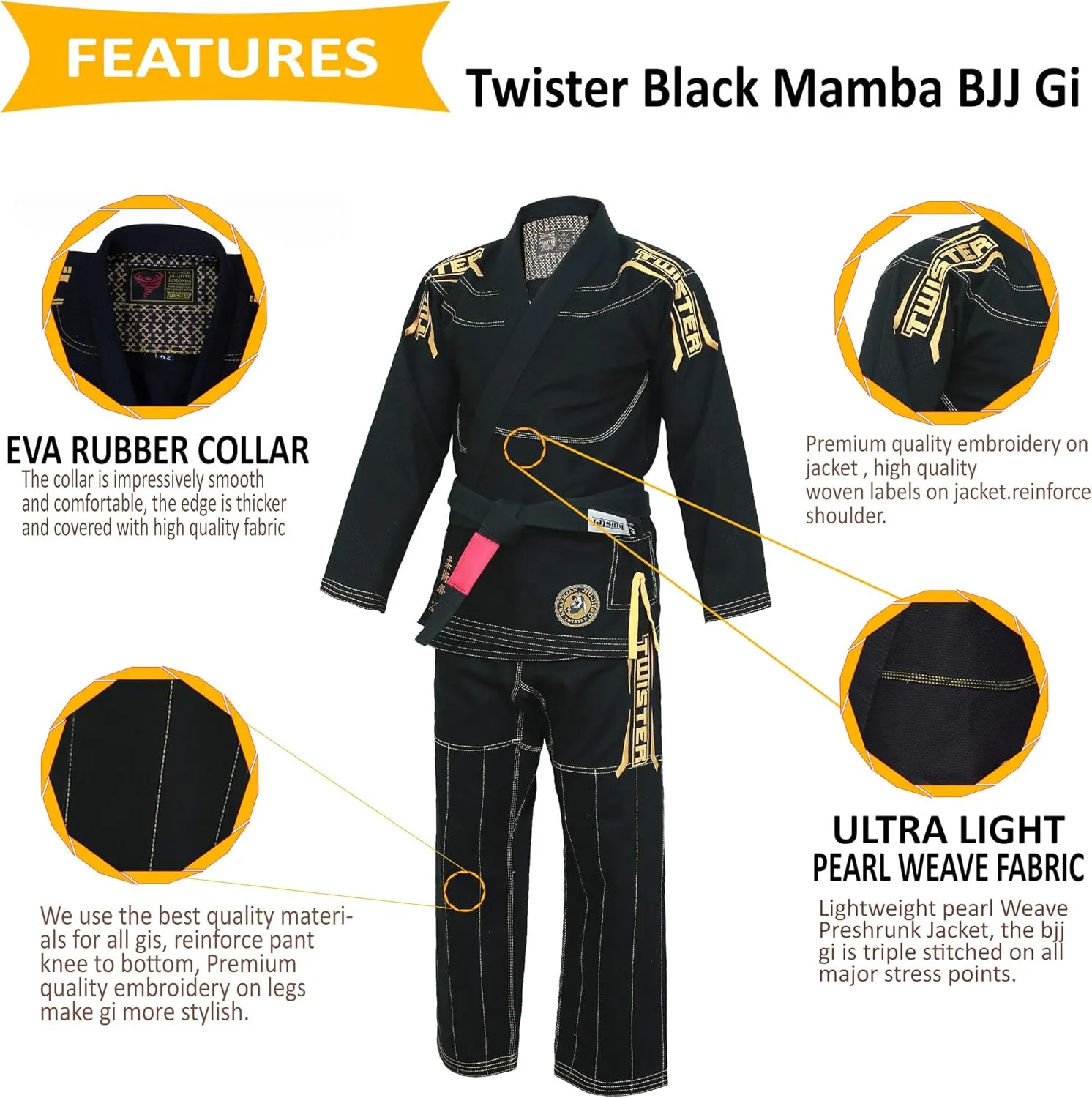 Twister Black Mamba Brazilian Jiu Jitsu Gi | BJJ Uniform | Preshrunk | With FREE BJJ Belt & FREE Gi Bag