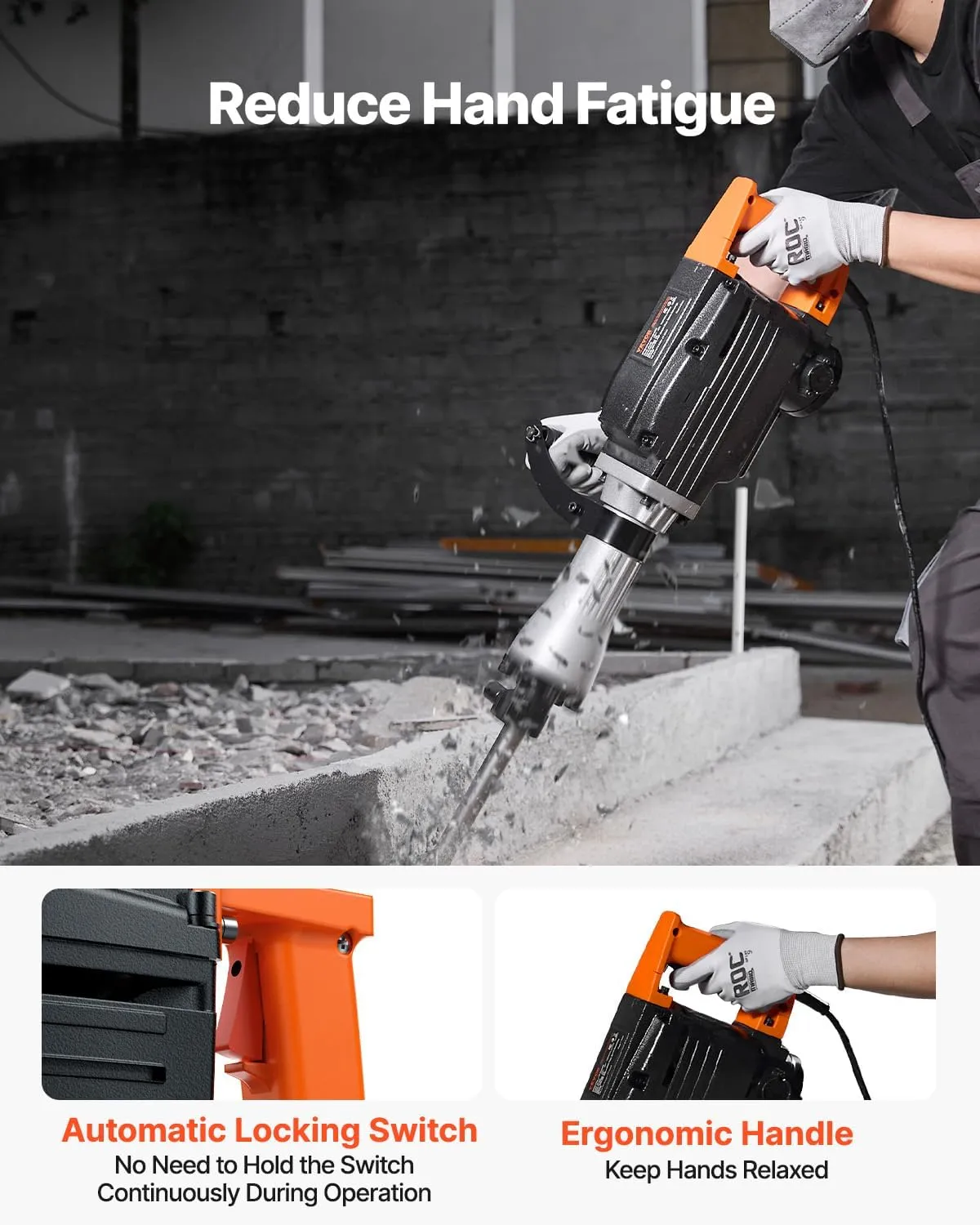 VEVOR Demolition Jack Hammer, MAX 2200W Electric Jackhammer Heavy Duty, 1350 BPM Concrete Breaker 2pcs Chisels Bit Chipping with Case, Black