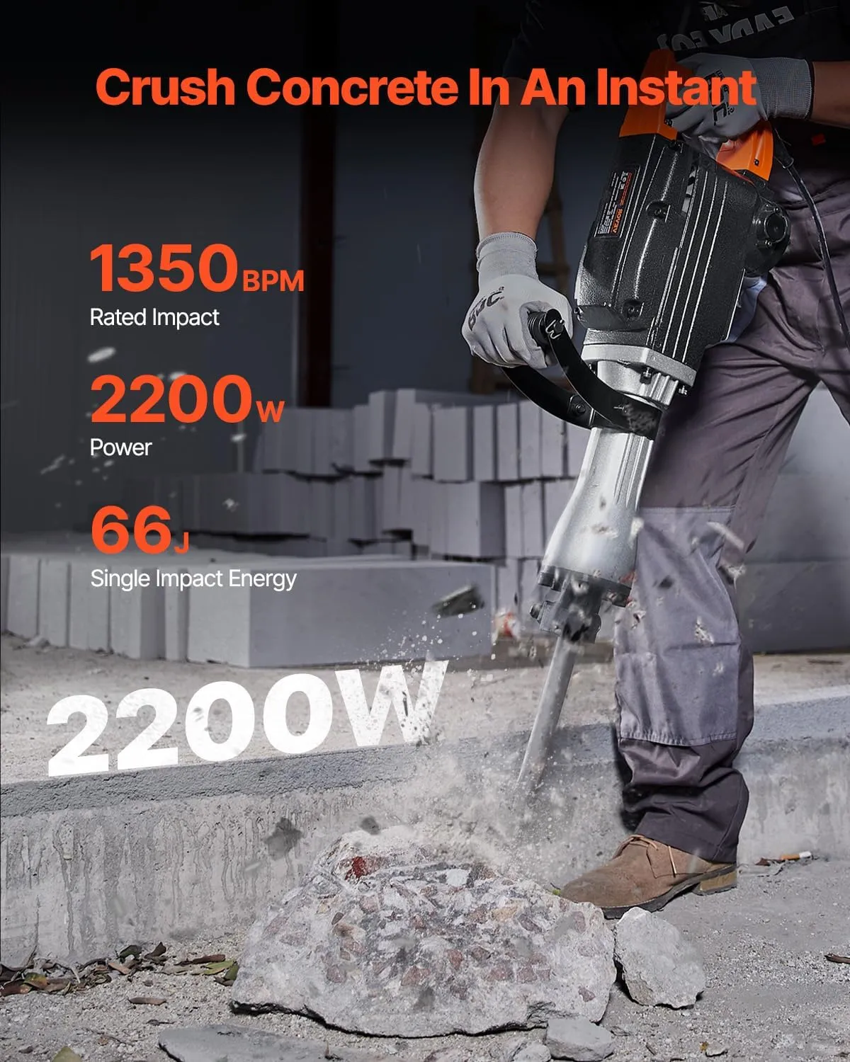 VEVOR Demolition Jack Hammer, MAX 2200W Electric Jackhammer Heavy Duty, 1350 BPM Concrete Breaker 2pcs Chisels Bit Chipping with Case, Black