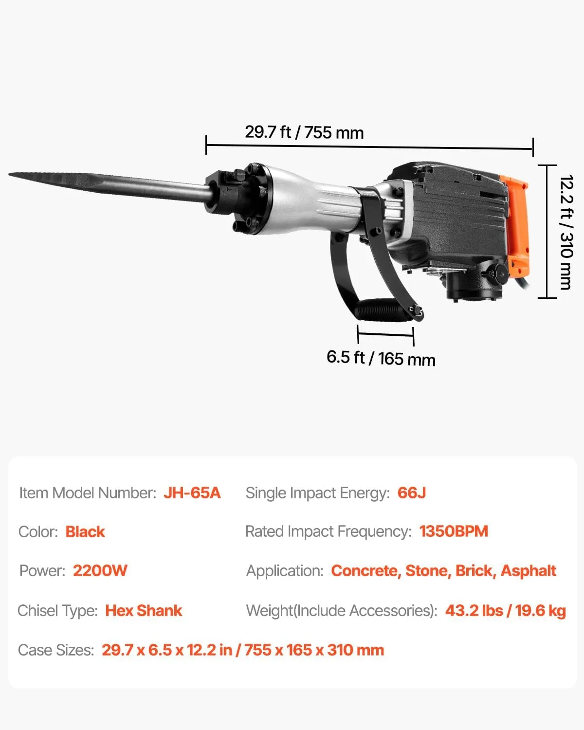 VEVOR Demolition Jack Hammer, MAX 2200W Electric Jackhammer Heavy Duty, 1350 BPM Concrete Breaker 2pcs Chisels Bit Chipping with Case, Black