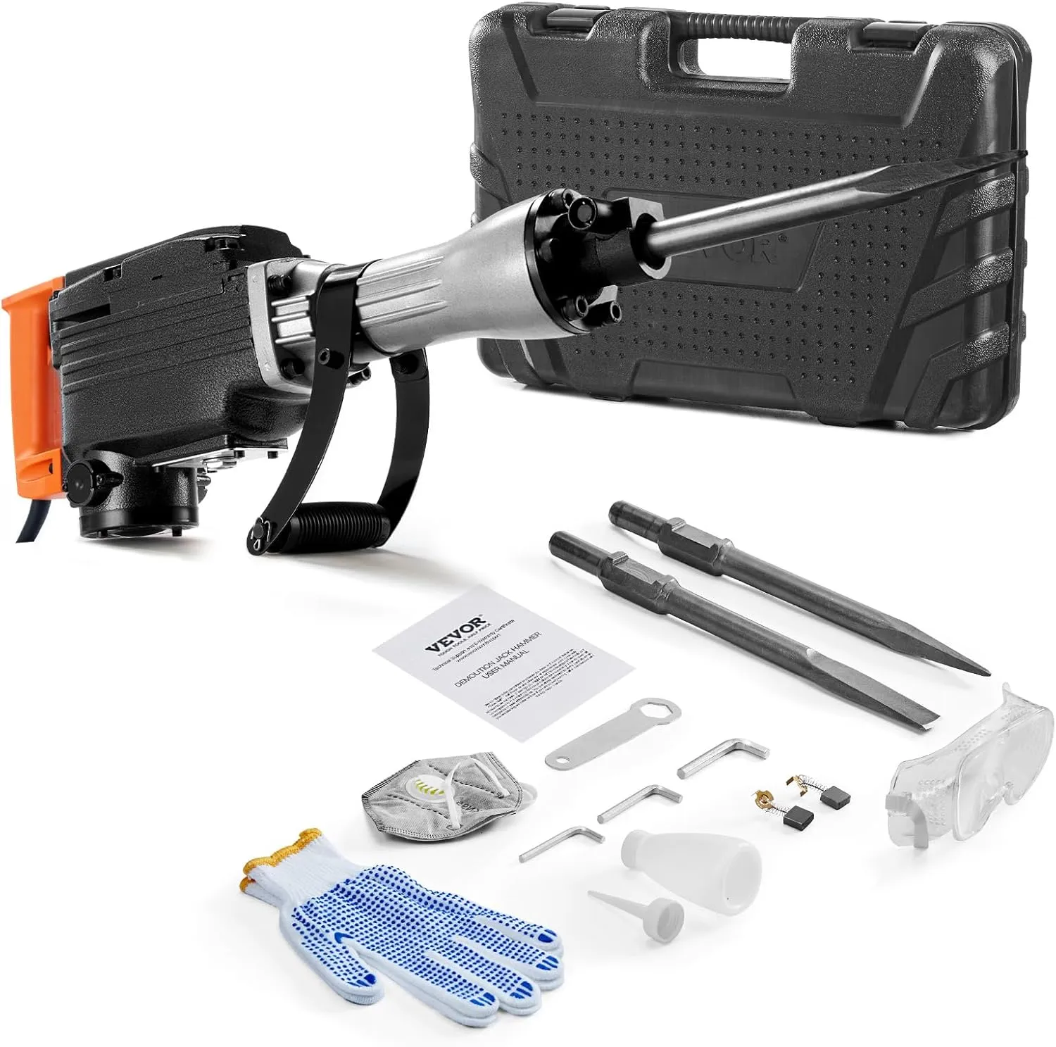 VEVOR Demolition Jack Hammer, MAX 2200W Electric Jackhammer Heavy Duty, 1350 BPM Concrete Breaker 2pcs Chisels Bit Chipping with Case, Black