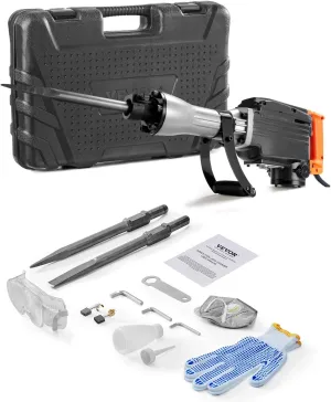 VEVOR Demolition Jack Hammer, MAX 2200W Electric Jackhammer Heavy Duty, 1350 BPM Concrete Breaker 2pcs Chisels Bit Chipping with Case, Black
