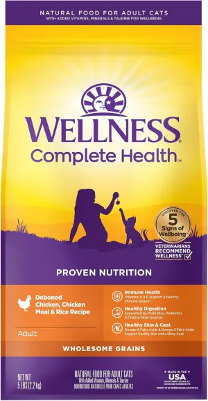 Wellness Complete Health Adult Dry Cat Food for Indoor and Outdoor Cats, Wholesome Grains, Natural, Chicken & Chicken Meal (5 Pound Bag)