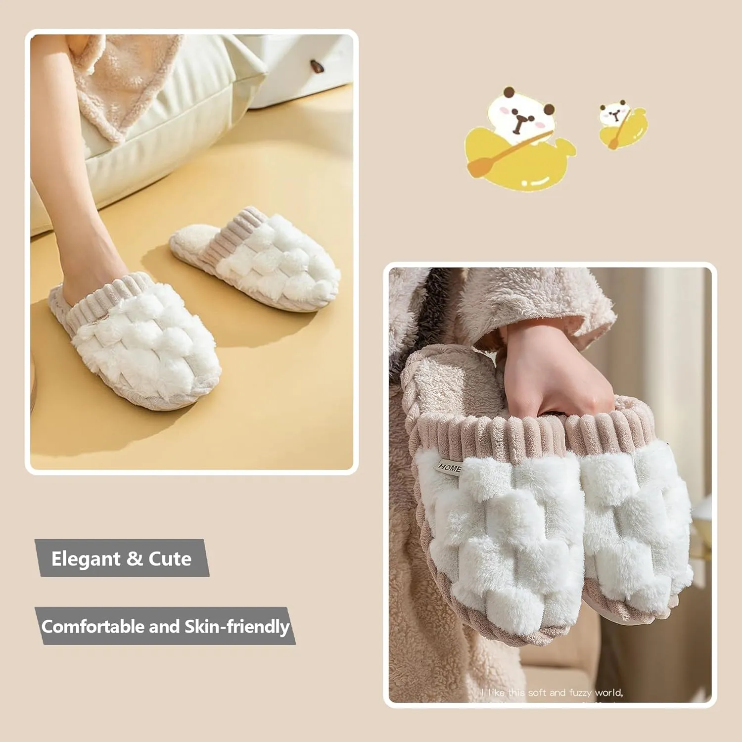 Women's Cotton Slippers with Waffle Weave Soft Thick Bottom Warm Indoor Plush House Footwear Kawaii Non-slip Home Floor Shoes