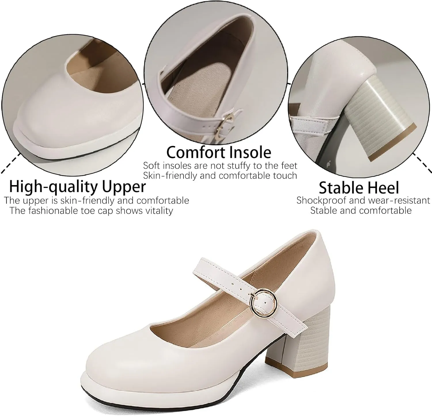 Women's Leather Platform Mary Janes Pumps with Adjust Buckle Strap Retro Comfortable Round Toe Stack Chunky Heels Dress Shoes for Party Prom Date Uniform Shoes