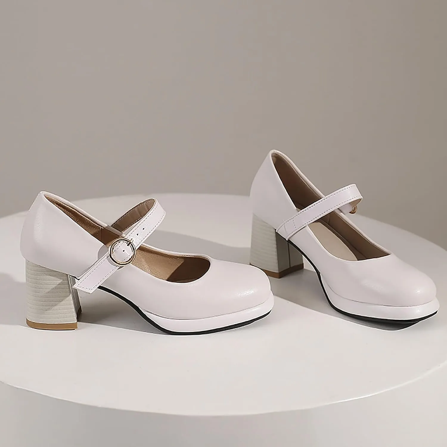 Women's Leather Platform Mary Janes Pumps with Adjust Buckle Strap Retro Comfortable Round Toe Stack Chunky Heels Dress Shoes for Party Prom Date Uniform Shoes