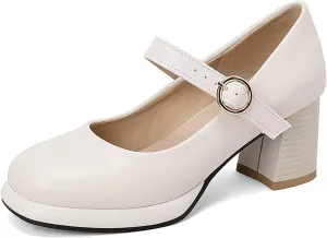 Women's Leather Platform Mary Janes Pumps with Adjust Buckle Strap Retro Comfortable Round Toe Stack Chunky Heels Dress Shoes for Party Prom Date Uniform Shoes