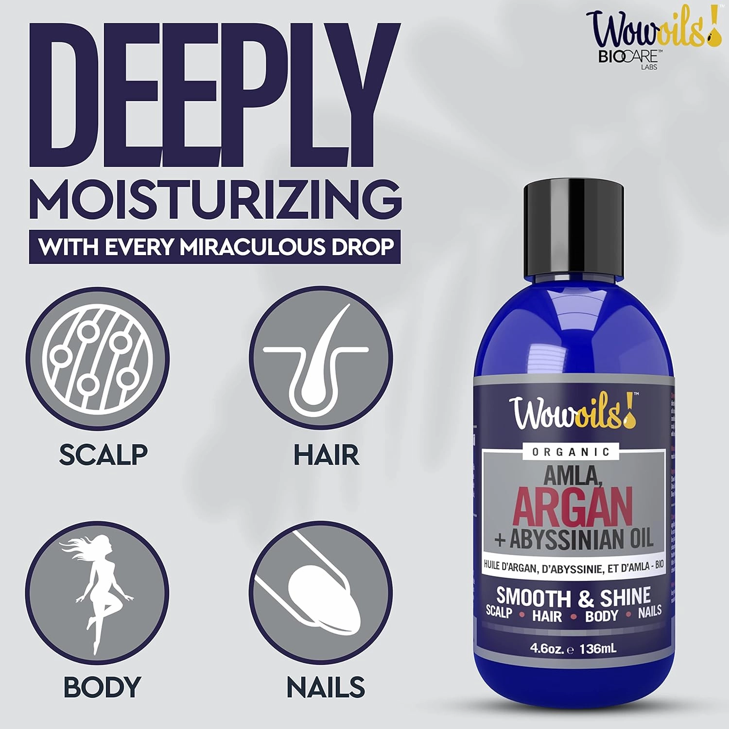 WowOils! Pure Amla, Argan, Abyssinian Hair Oil for Enhanced Growth, Hair Thickening, Comprehensive Care for Split Ends, Dry and Damaged Hair - Ultimate Frizz Control & Scalp Nourishment, 4.6 Oz