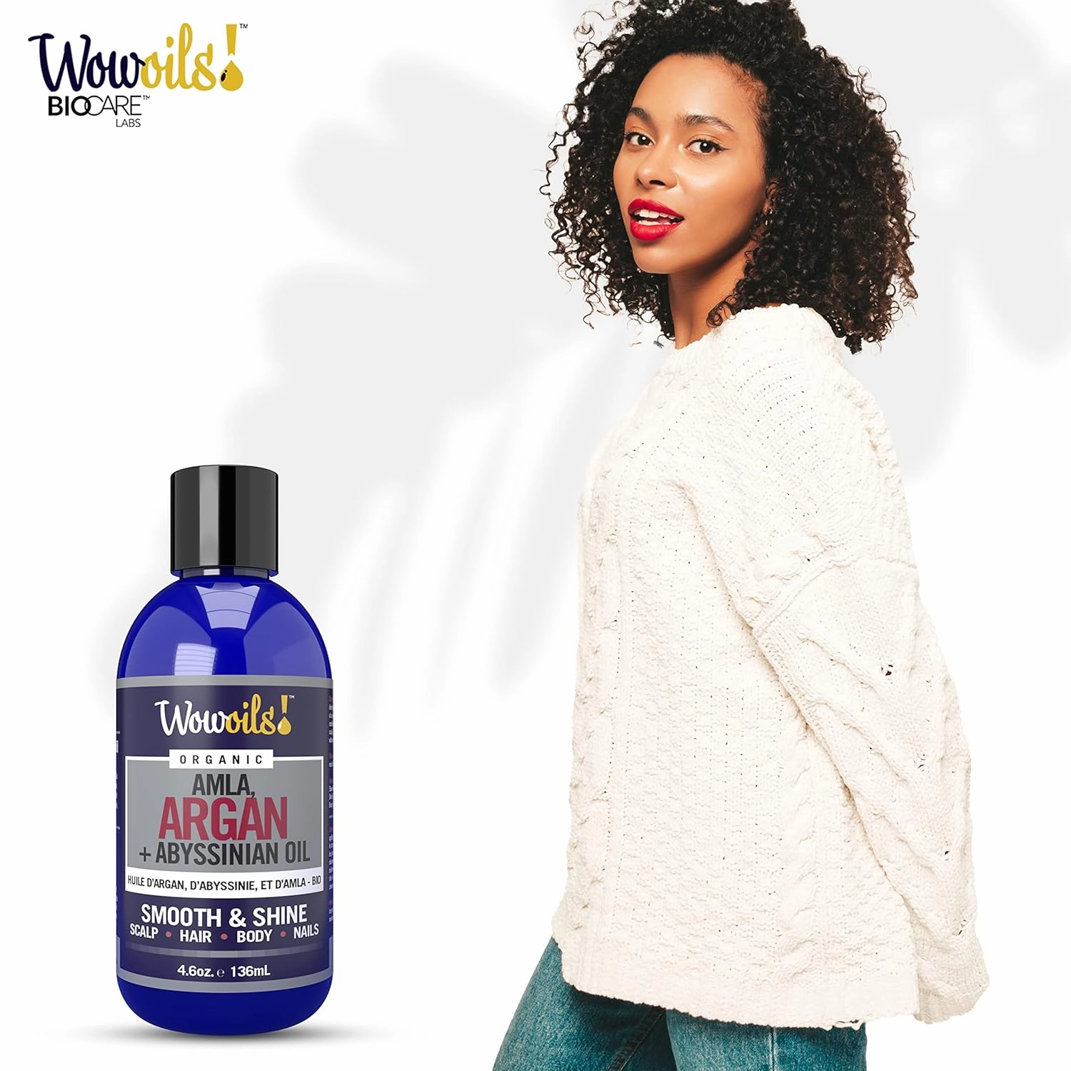 WowOils! Pure Amla, Argan, Abyssinian Hair Oil for Enhanced Growth, Hair Thickening, Comprehensive Care for Split Ends, Dry and Damaged Hair - Ultimate Frizz Control & Scalp Nourishment, 4.6 Oz