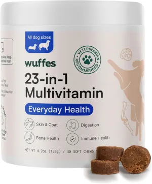 Wuffes 23-in-1 Dog Multivitamin Supplement for Hip & Joint, Skin & Coat and Immune System Support with Omega 3, Iron, Zinc, Vitamin C - Minerals & Vitamins for Senior Dogs and Puppies - 30 Soft Chews