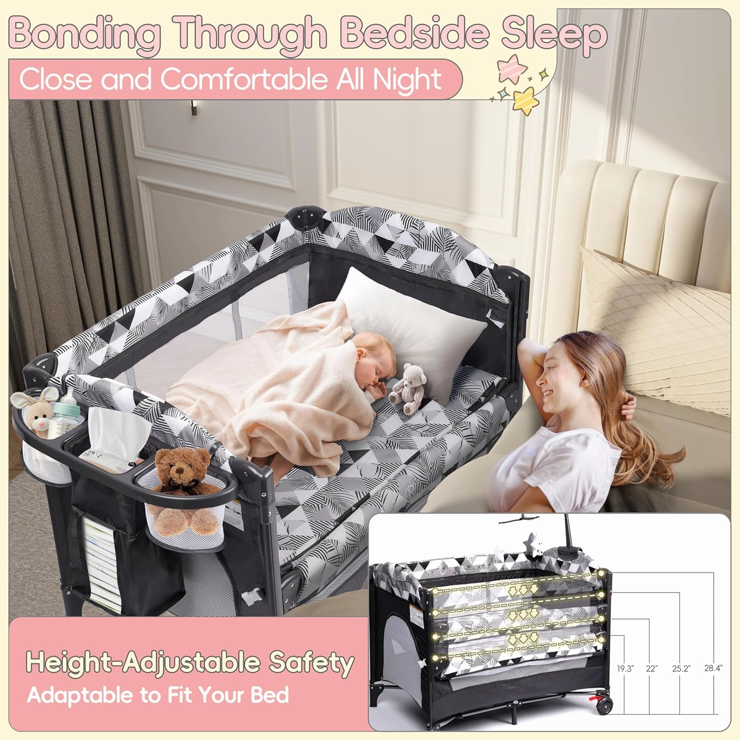 Xilingol 5-in-1 Baby Bassinet Bedside Sleeper, Baby Pack and Play with Changing Table, Portable Baby Crib with Carry Bag, Cosleeper Bassinet Attach to Bed for Newborn to Toddlers