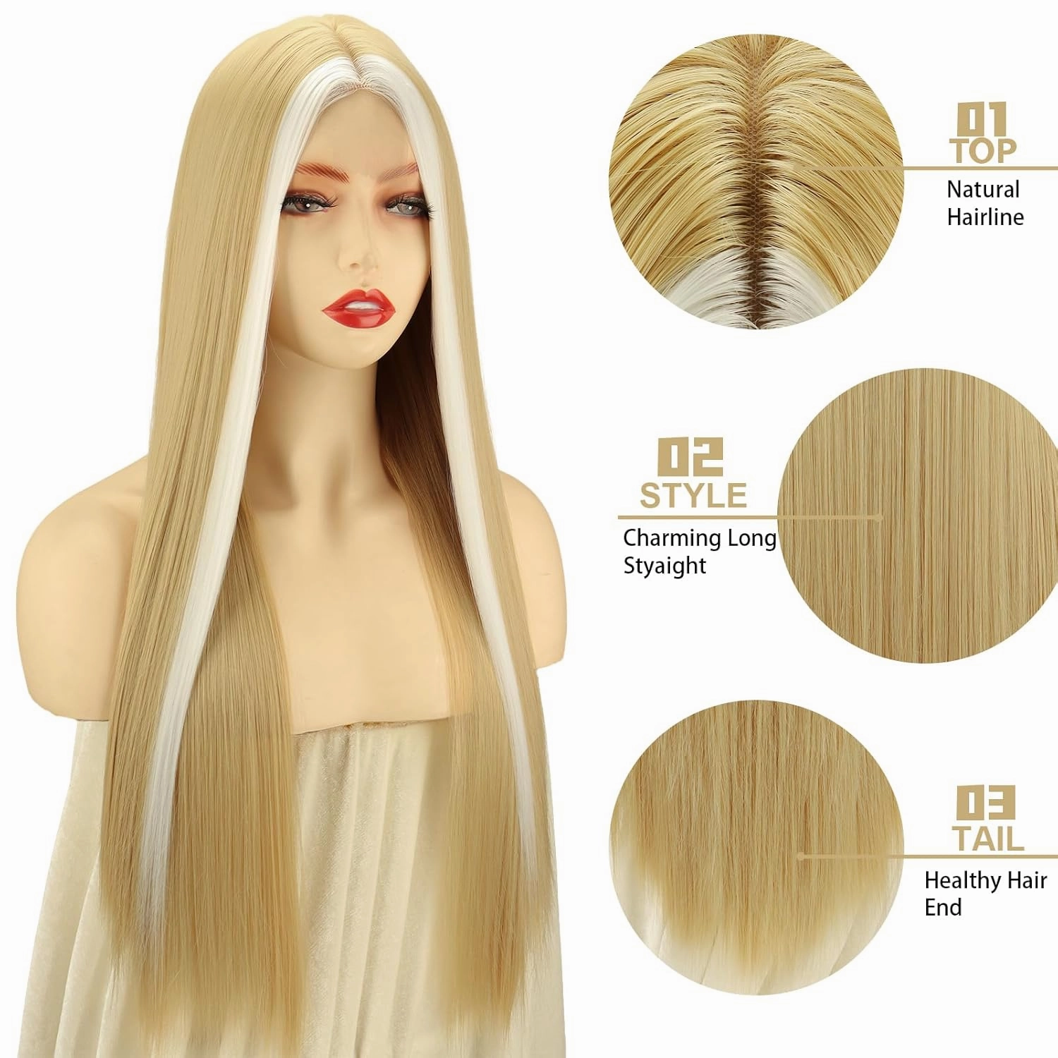 Xinran Long Blonde Wigs For Women Light Blonde and White with Highlights Lace Wig Middle Part Hairline Synthetic Full Wig Natural Looking Daily Use 30 Inch