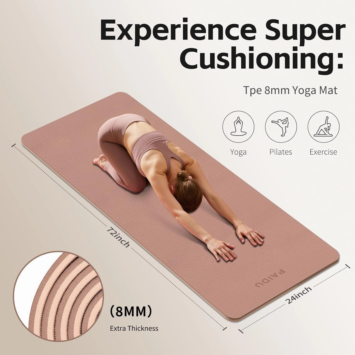 Yoga Mat 8mm Super Thick TPE Fitness Exercise Mat, Non-Slip, Odorless and Tear Resistant, Unisex, With Strap, Suitable for Yoga, Pilates, Meditation, Home Floor Exercise