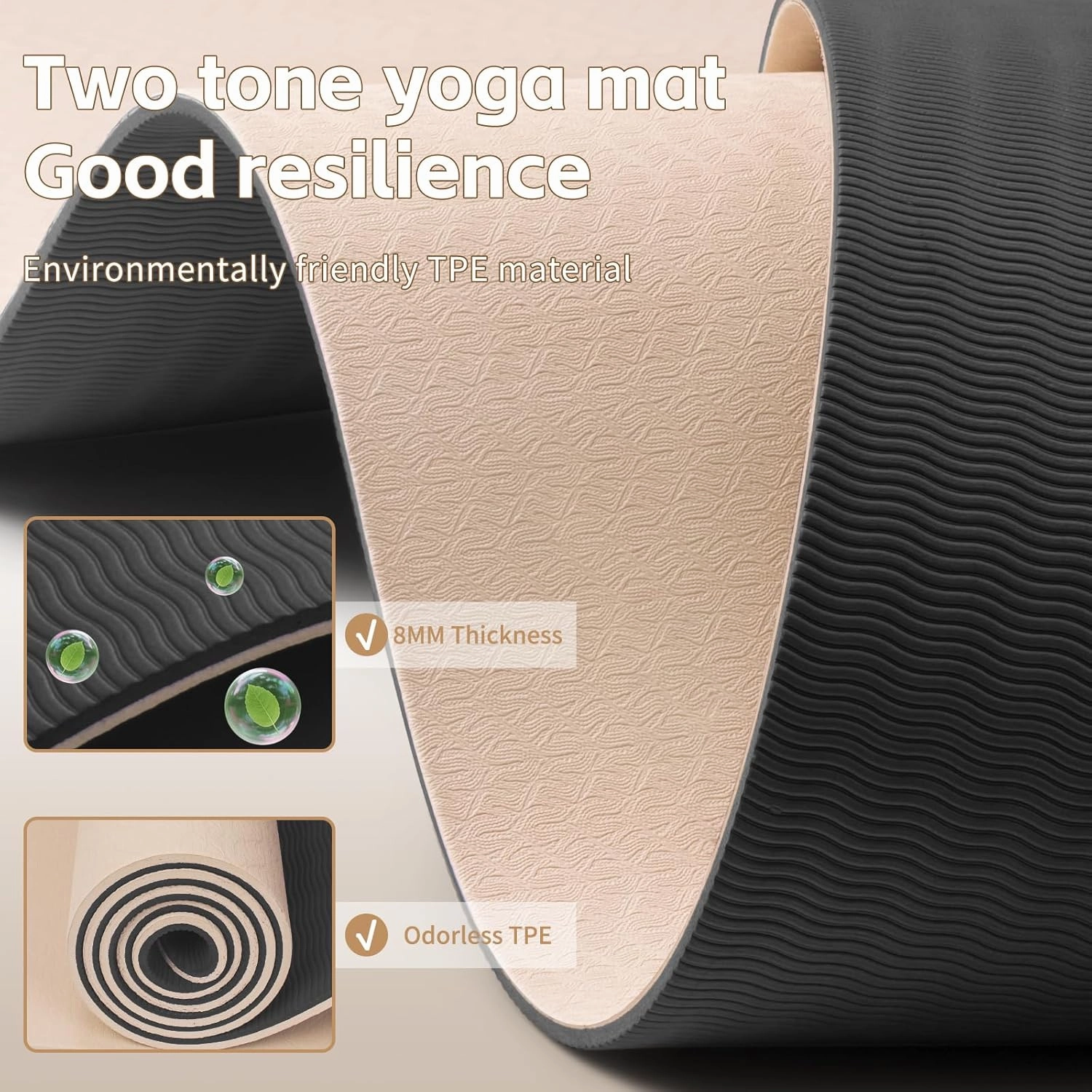 Yoga Mat 8mm Super Thick TPE Fitness Exercise Mat, Non-Slip, Odorless and Tear Resistant, Unisex, With Strap, Suitable for Yoga, Pilates, Meditation, Home Floor Exercise