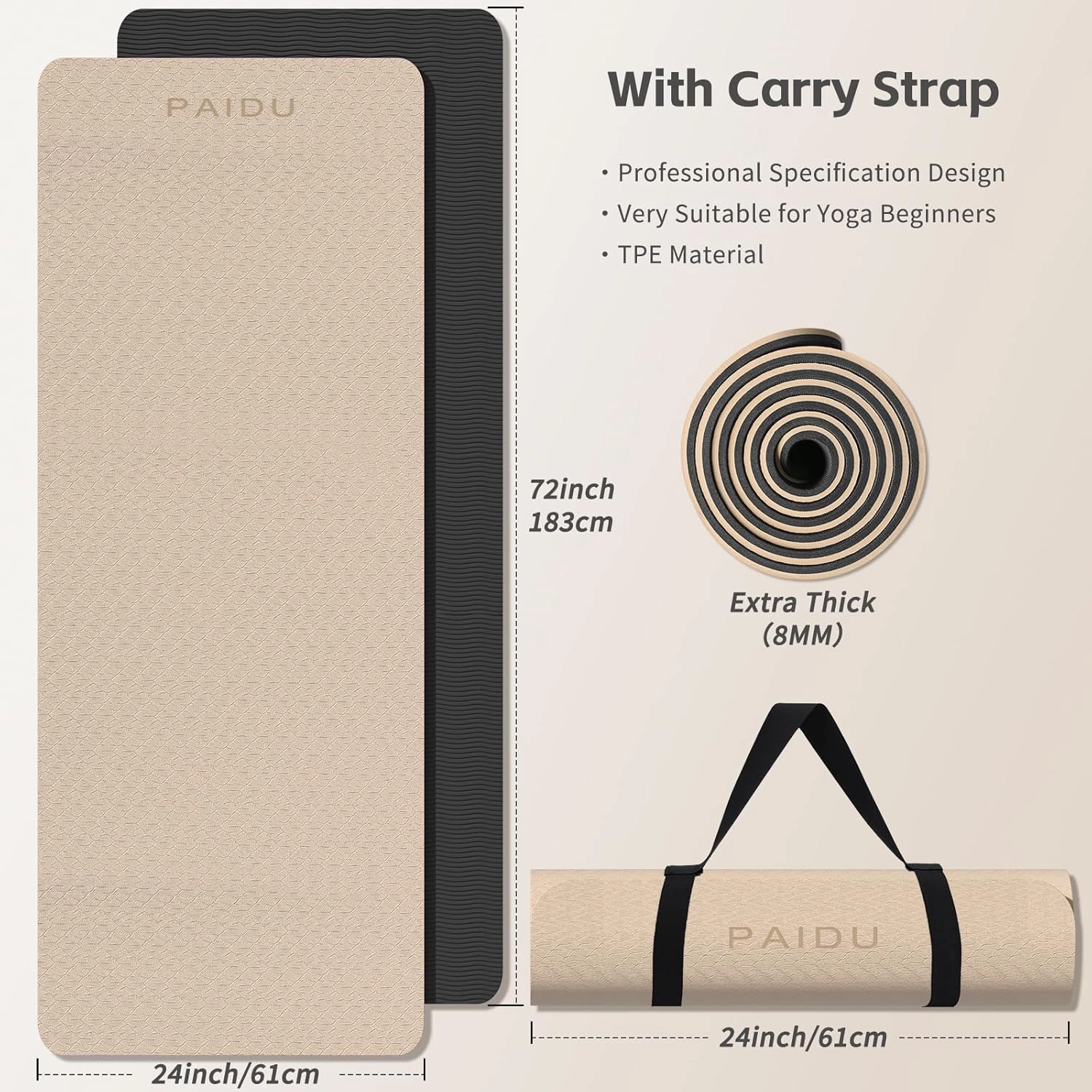 Yoga Mat 8mm Super Thick TPE Fitness Exercise Mat, Non-Slip, Odorless and Tear Resistant, Unisex, With Strap, Suitable for Yoga, Pilates, Meditation, Home Floor Exercise