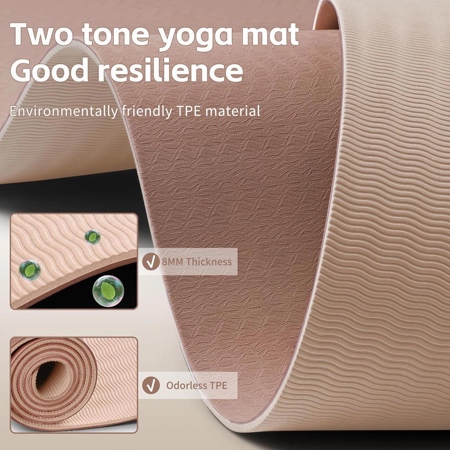 Yoga Mat 8mm Super Thick TPE Fitness Exercise Mat, Non-Slip, Odorless and Tear Resistant, Unisex, With Strap, Suitable for Yoga, Pilates, Meditation, Home Floor Exercise