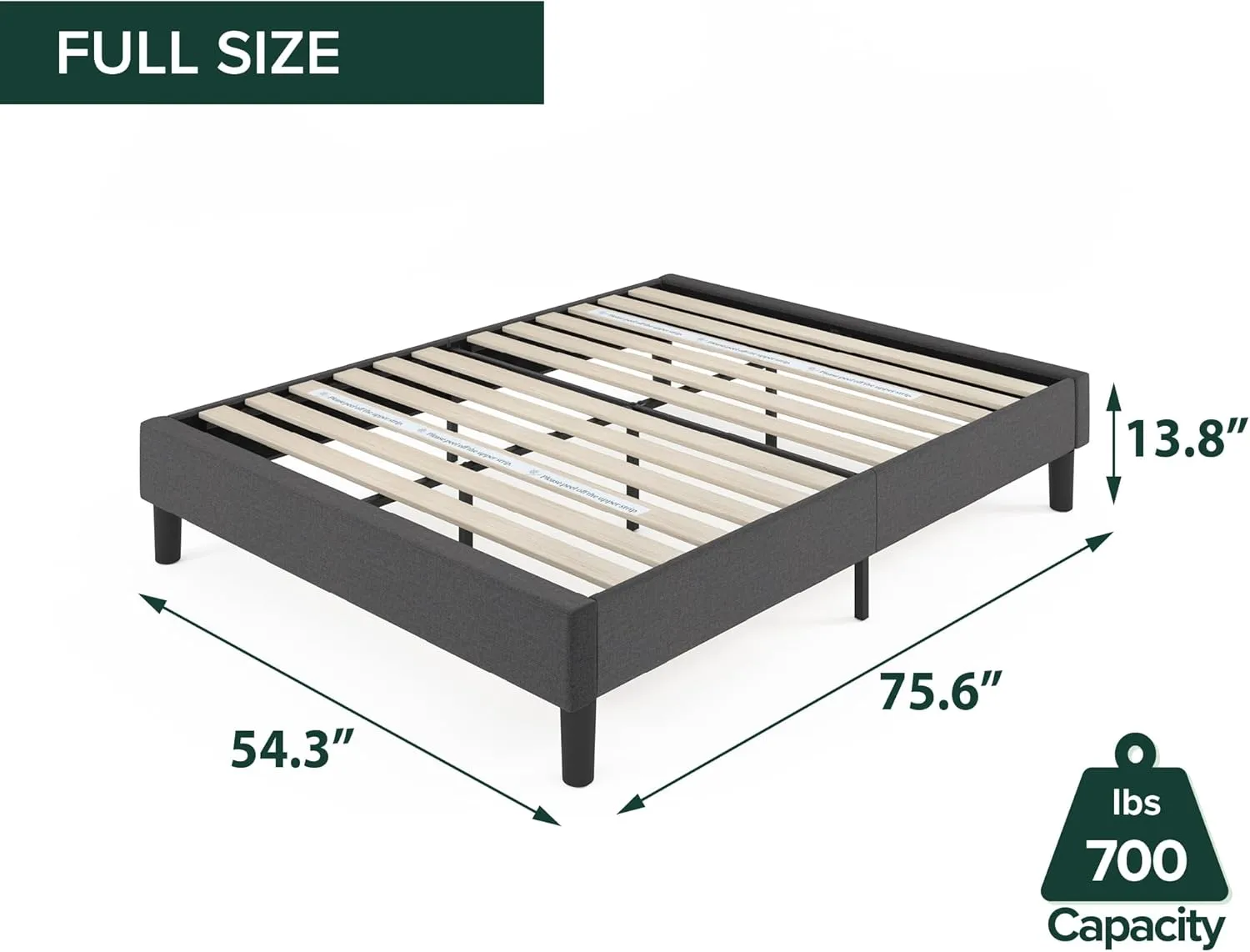 ZINUS Curtis Upholstered Platform Bed Frame, Mattress Foundation, Wood Slat Support, No Box Spring Needed, Eco Friendly WonderBox (TM) Packaging, Dark Grey, Full