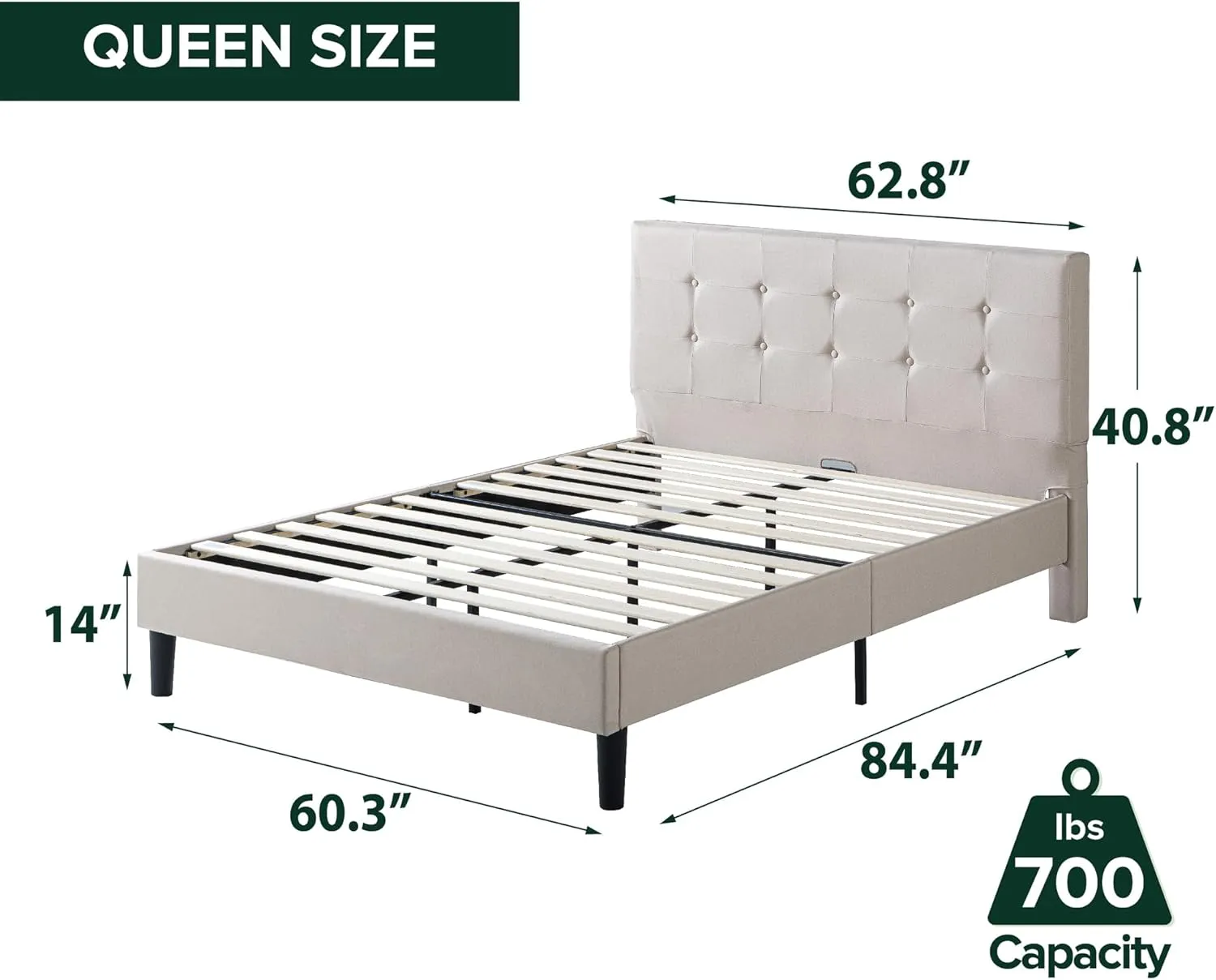ZINUS Ibidun Upholstered Platform Bed Frame, Mattress Foundation, Wood Slat Support, No Box Spring Needed, Eco Friendly WonderBox (TM), Easy Assembly, Soft Beige, Queen