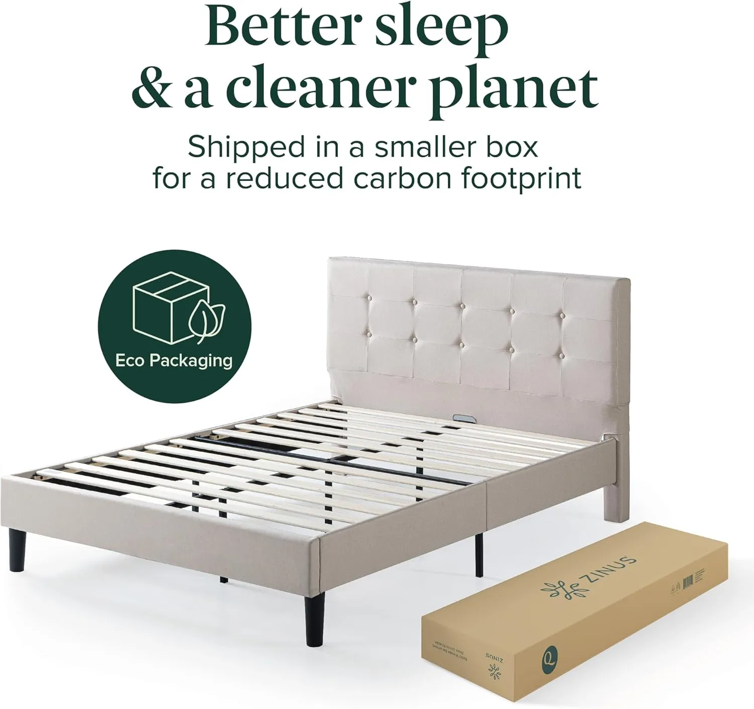 ZINUS Ibidun Upholstered Platform Bed Frame, Mattress Foundation, Wood Slat Support, No Box Spring Needed, Eco Friendly WonderBox (TM), Easy Assembly, Soft Beige, Queen