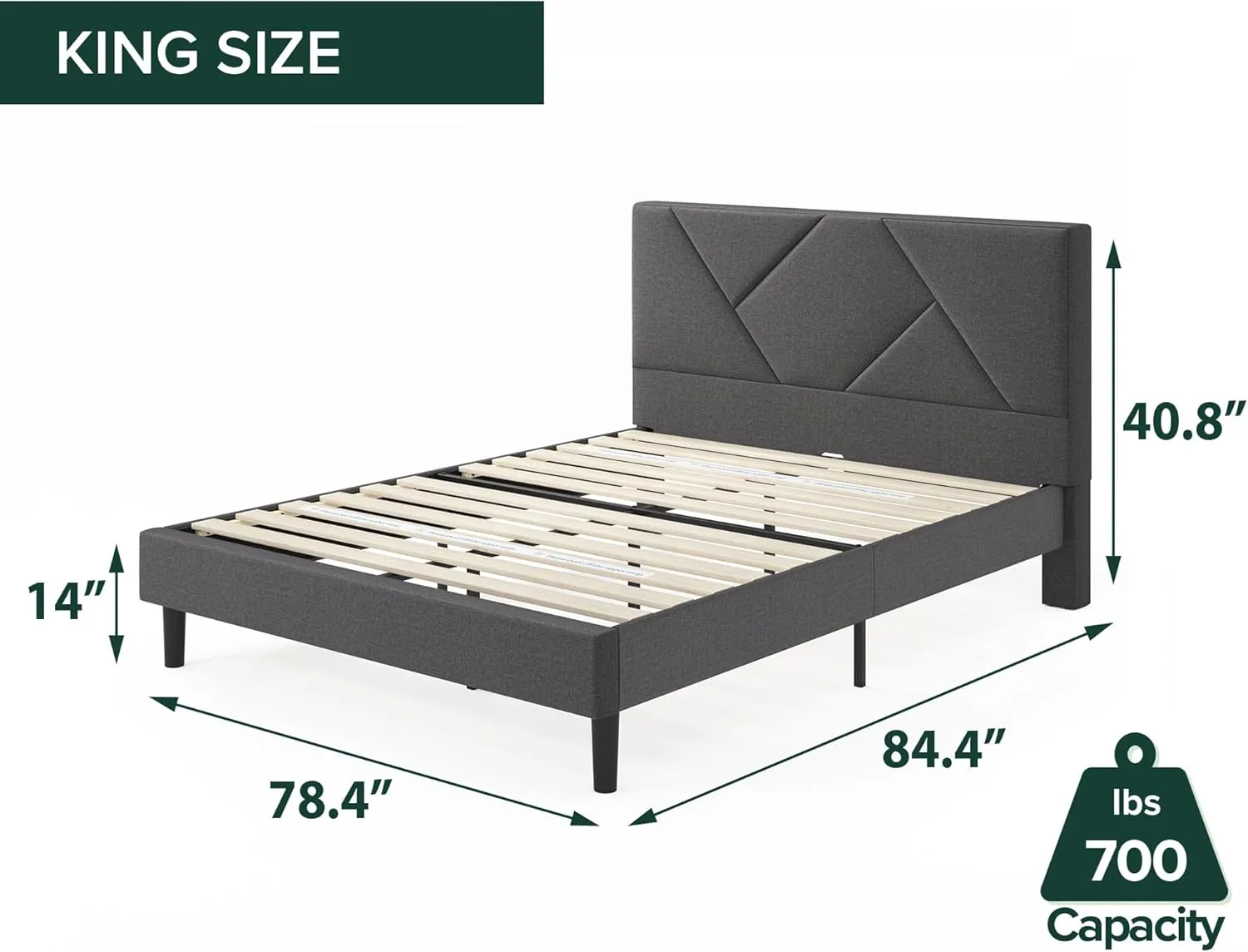 ZINUS Judy Upholstered Platform Bed Frame, Mattress Foundation, Wood Slat Support, No Box Spring Needed, Eco Friendly WonderBox (TM), Easy Assembly, Dark Grey, King