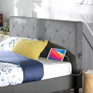 ZINUS Shalini Upholstered Platform Bed Frame with USB Ports Mattress Foundation, Wood Slat Support, No Box Spring Needed. Easy Assembly, King, Grey