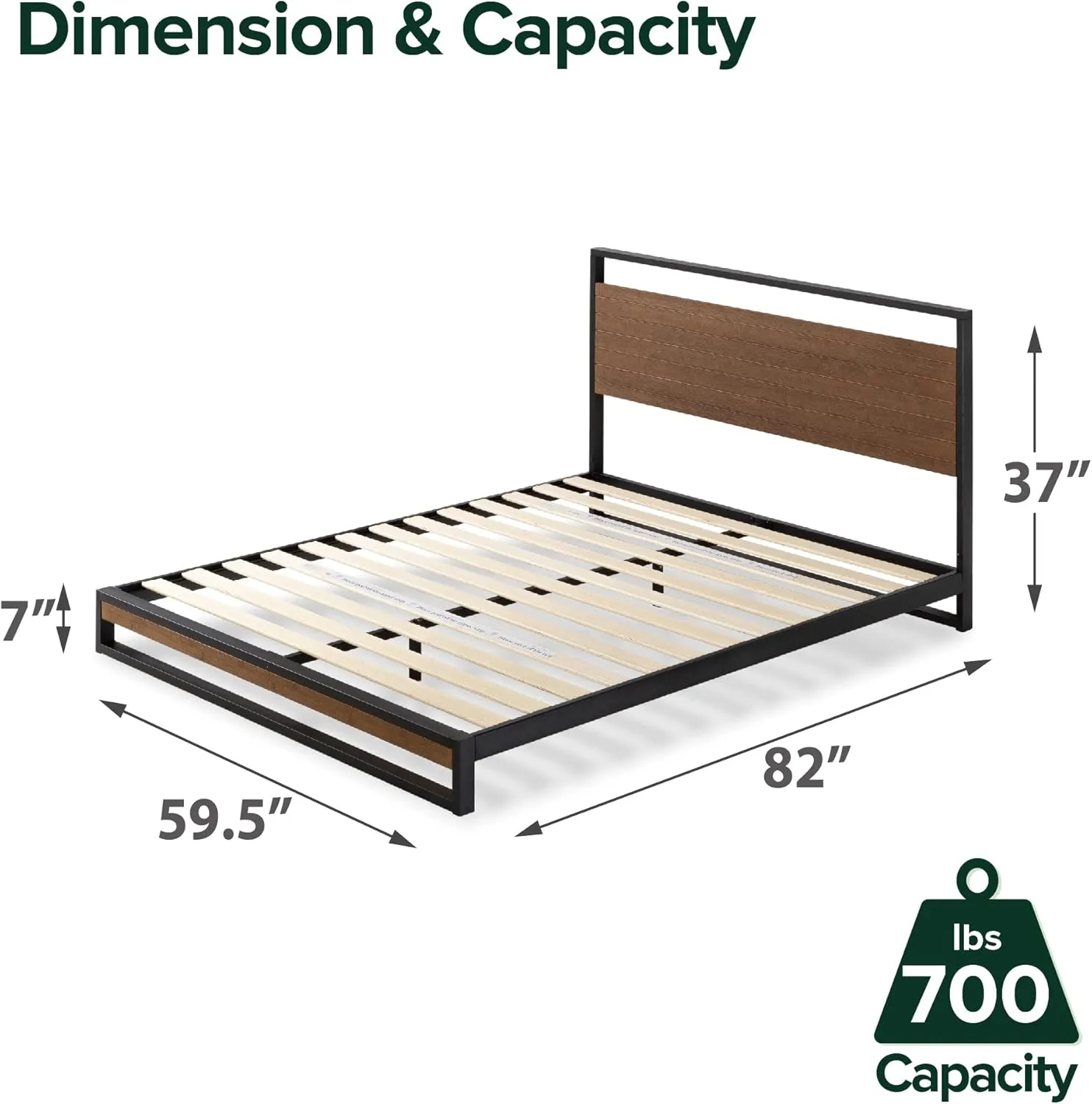 ZINUS Suzanne 37 Inch Bamboo and Metal Platform Bed Frame, Solid Steel Construction, No Box Spring Needed, Wood Slat Support, Easy Assembly, Chestnut Brown, Queen