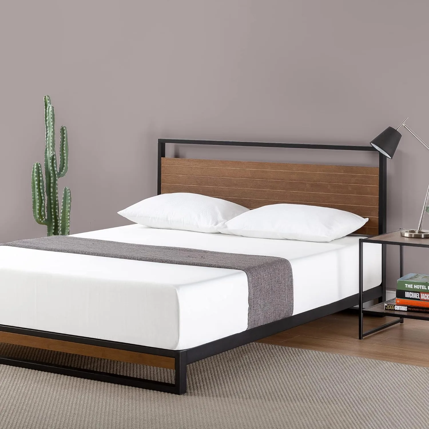 ZINUS Suzanne 37 Inch Bamboo and Metal Platform Bed Frame, Solid Steel Construction, No Box Spring Needed, Wood Slat Support, Easy Assembly, Chestnut Brown, Queen