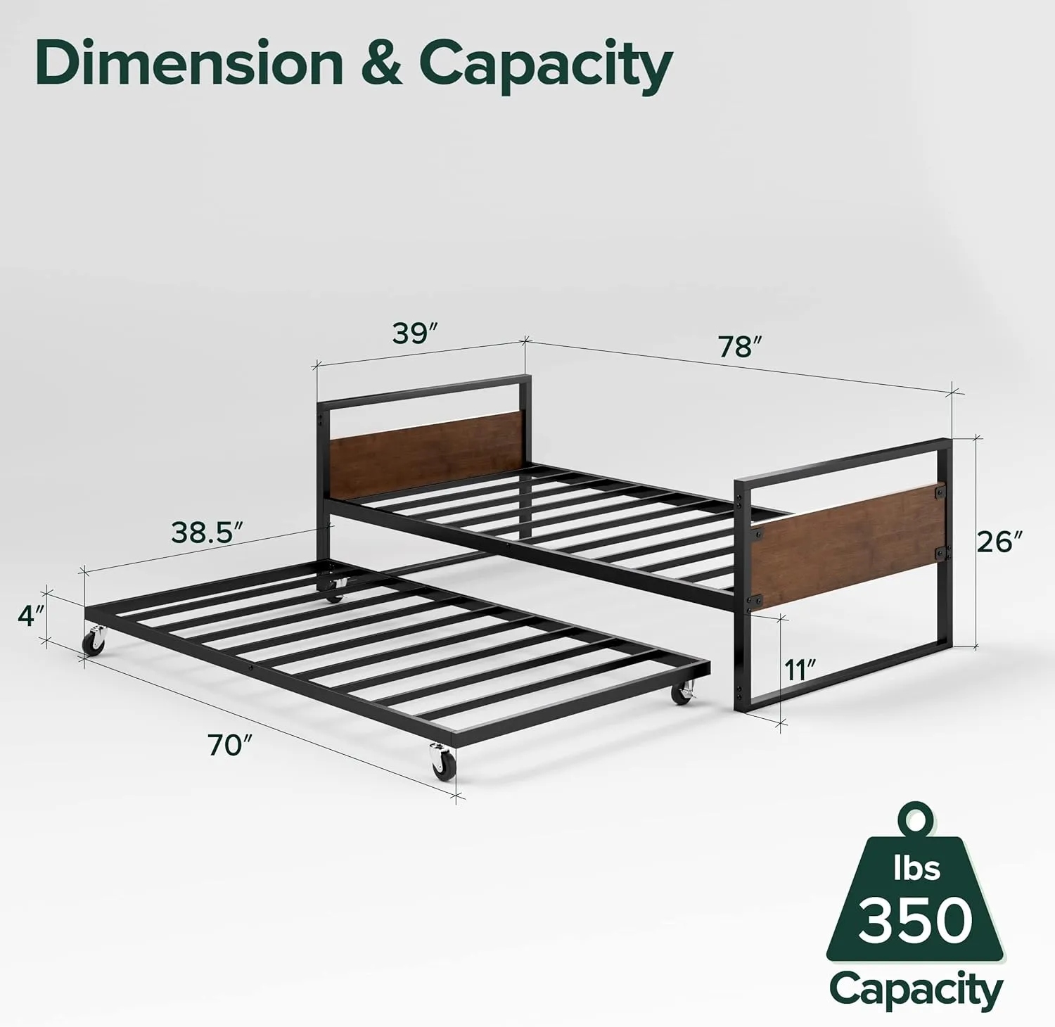 ZINUS Suzanne Bamboo and Metal Daybed with Trundle, Mattress Foundation with Steel Slat Support, Easy Assembly, Twin