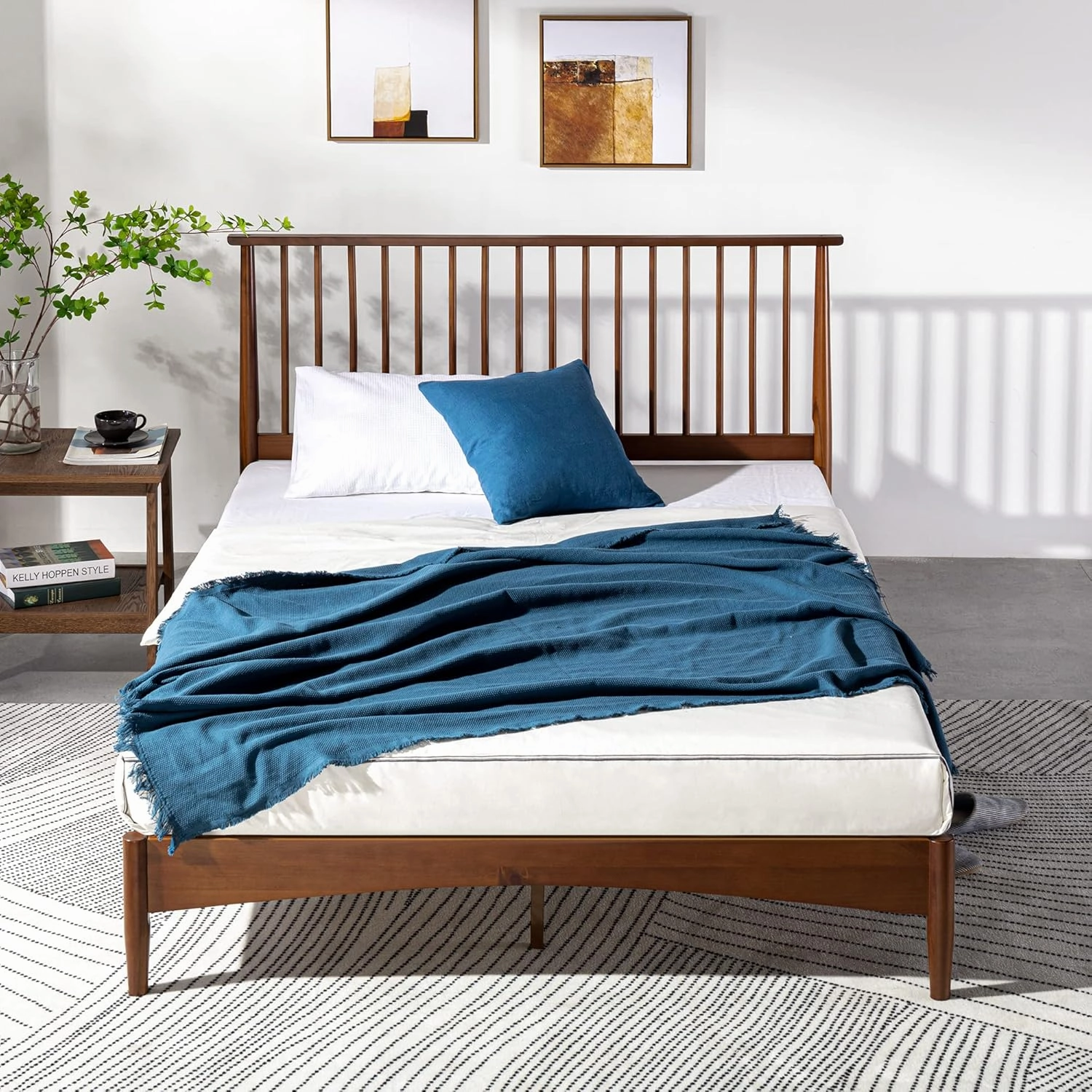 ZINUS Linda Mid Century Wood Platform Bed Frame, Solid Wood Foundation, Wood Slat Support, No Box Spring Needed, Easy Assembly, King,Brown